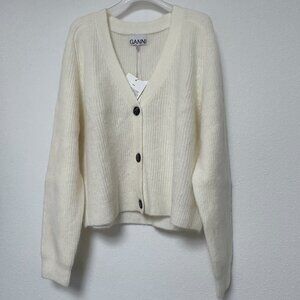 NWT Ganni Soft Alpaca Wool V-Neck Egret Cardigan Knit Sweater K1454